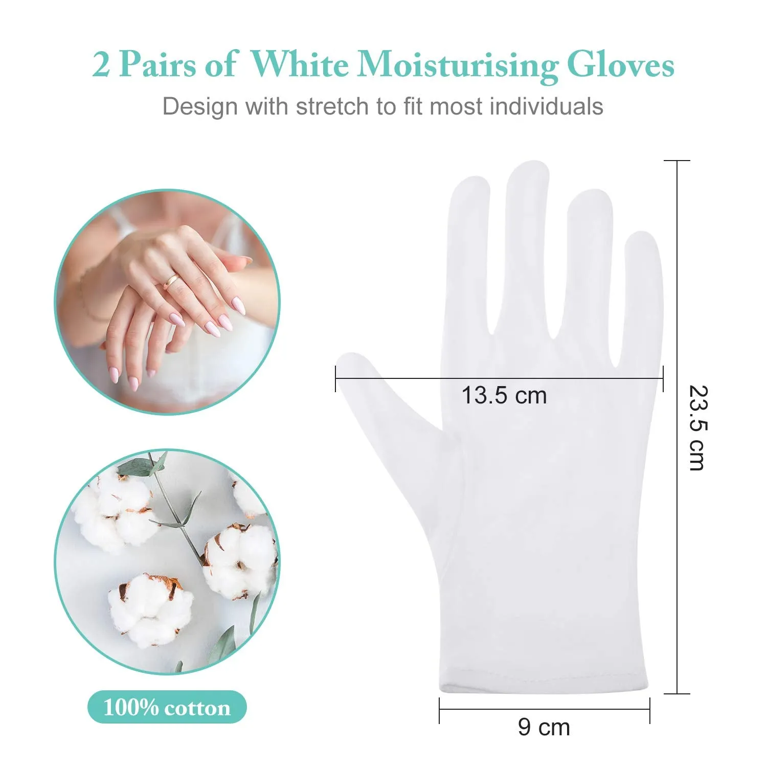 2 Pairs White Cotton Gloves Moisturizing Gloves Soft Elastic Skincare Glove Working Gloves for Women Dry Hands Jewelry Inspection and More, One Size Fits Most