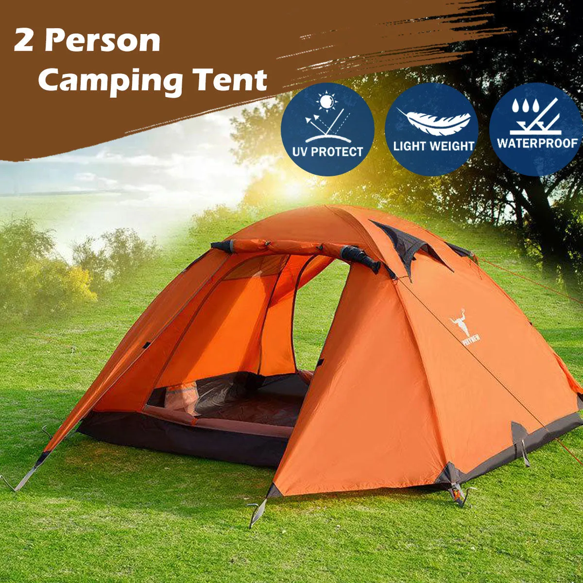 2-Person Portable Camping Tent | Waterproof | Lightweight Hiking Backpacking Shelter | Orange