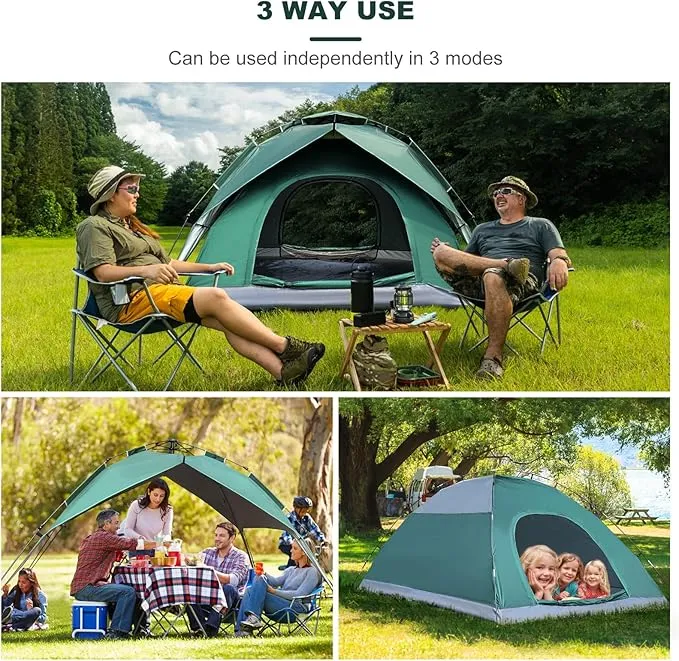 3-in-1 Multifunctional Instant PopUp Camping Tent 2/4/6 Person Family Portable Tents for Camping,Beach,Picnic,Backyard,Waterproof,Anti-UV,Easy Setup in 10Seconds