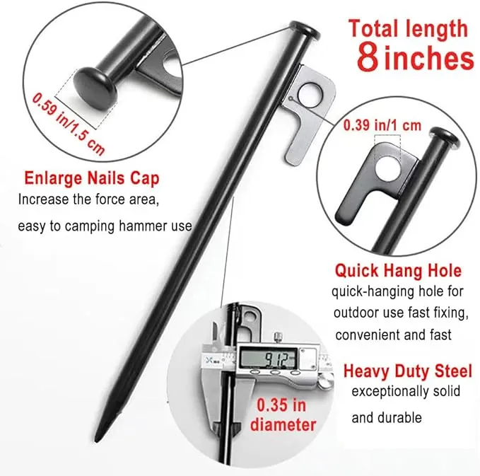 4 Pack 8 Inch Tent Stakes Heavy Duty Camping Stake Forged Steel Tent Pegs Steel Tent Spikes for Camping, Yard Decoration, Snowfield, Picnic Unbreakable and Inflexible (4 PCS 8 Inches Black)