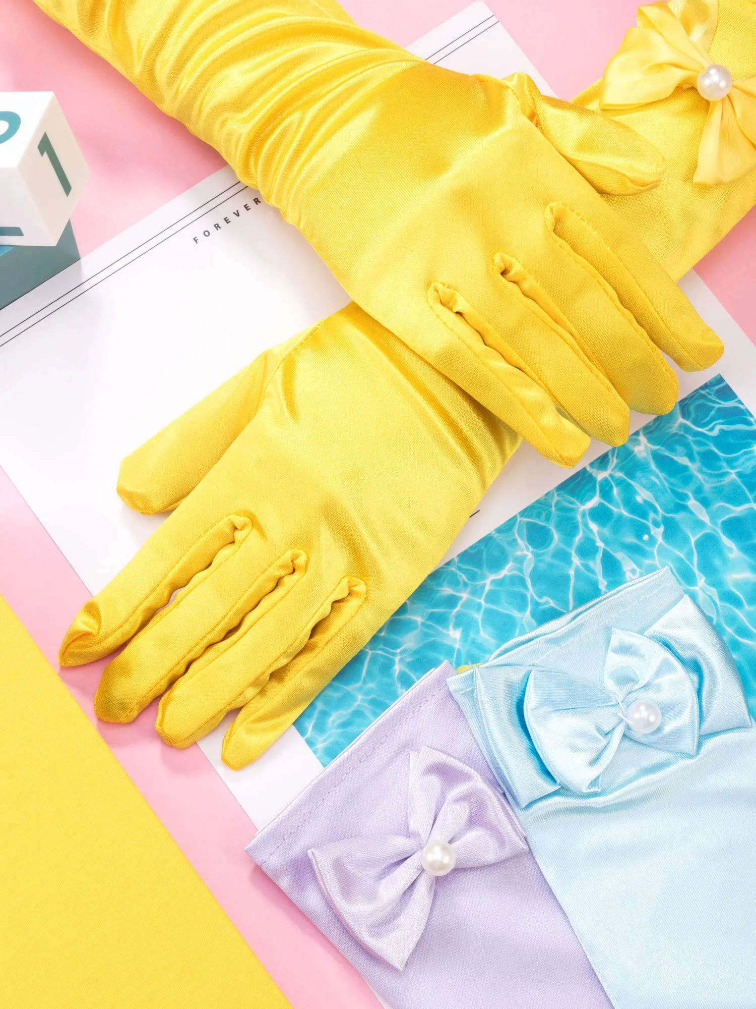 9 Pairs Girls Satin Gloves Bowknot Gloves Princess Gloves for Kids Party, Wedding, Formal Pageant, Ages 3T to 8 Years, Color 3, Small