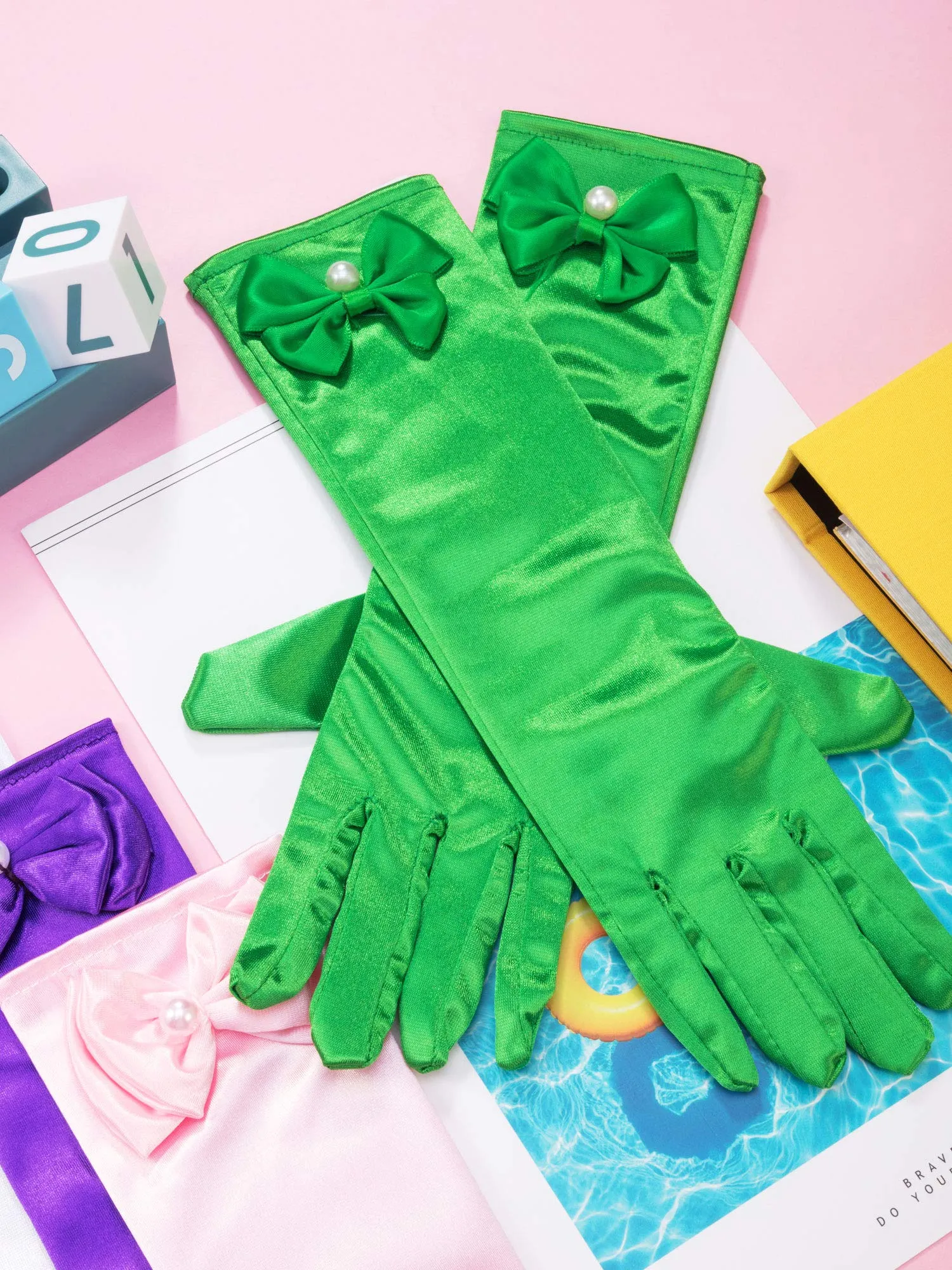 9 Pairs Girls Satin Gloves Bowknot Gloves Princess Gloves for Kids Party, Wedding, Formal Pageant, Ages 3T to 8 Years, Color 3, Small
