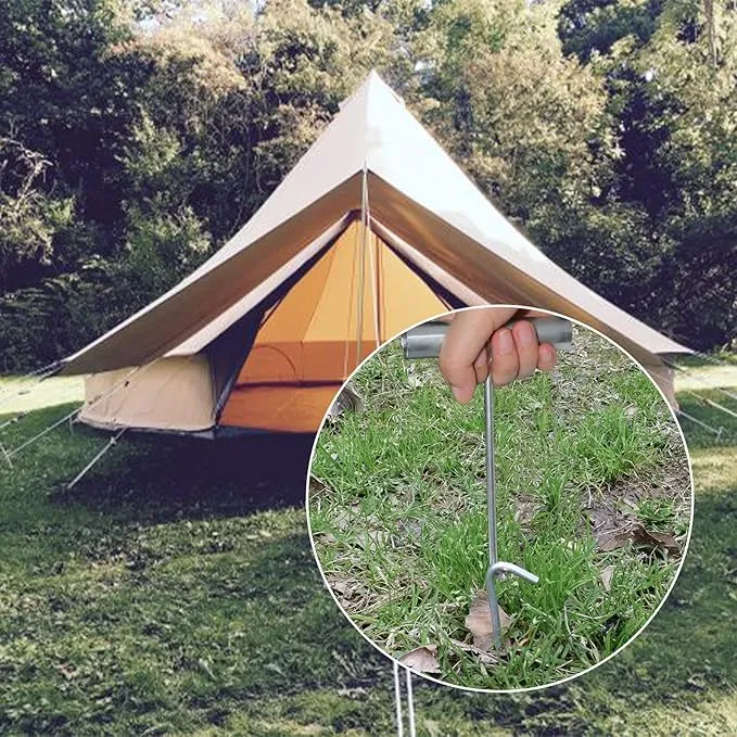 AAGUT 9 Inch Metal Camping Tent Stakes and Ties, 25 Pack Hooked Ground Stakes for Christmas Decorations, Canopy Tent Pegs for Trap, Inflatable Stakes with Tethers and T Hook