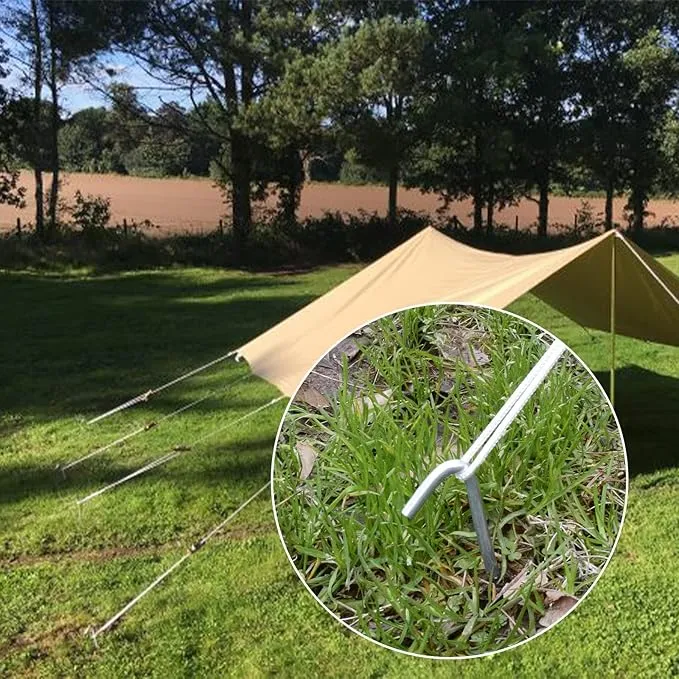 AAGUT 9 Inch Metal Camping Tent Stakes and Ties, 25 Pack Hooked Ground Stakes for Christmas Decorations, Canopy Tent Pegs for Trap, Inflatable Stakes with Tethers and T Hook