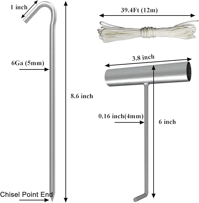 AAGUT 9 Inch Metal Camping Tent Stakes and Ties, 25 Pack Hooked Ground Stakes for Christmas Decorations, Canopy Tent Pegs for Trap, Inflatable Stakes with Tethers and T Hook