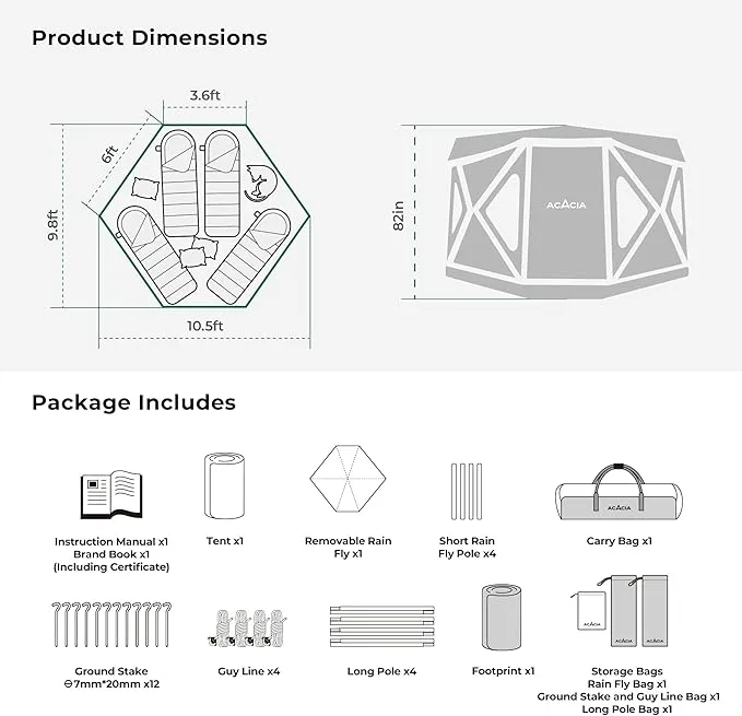 ACACIA Space Camping Tent XL, 4-6 Person Large Family Tent with 6'10'' Height, 2 Doors, 8 Windows, Waterproof Pop Up Easy Setup Hub Tent with Rainfly, Footprint for Car Camping, Glamping, Banyan