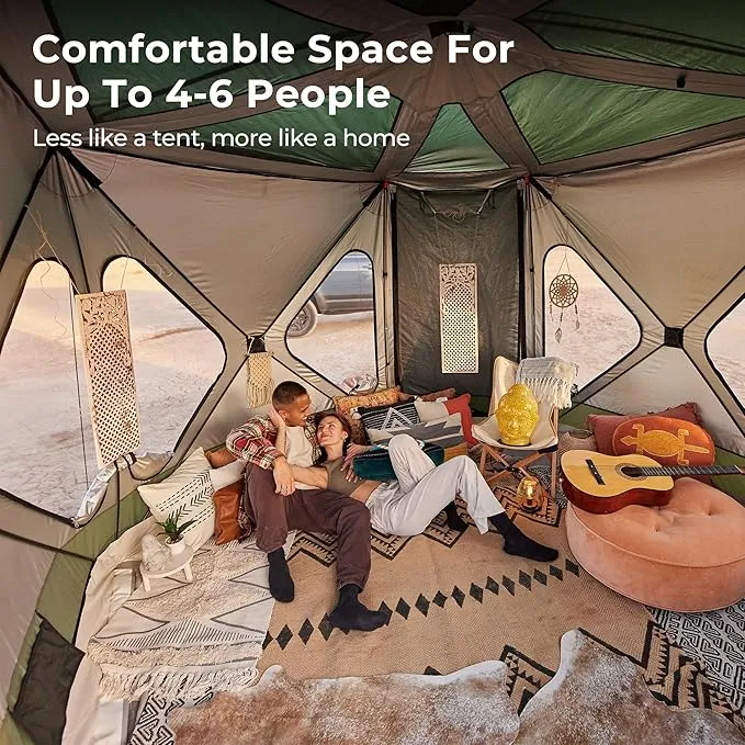 ACACIA Space Camping Tent XL, 4-6 Person Large Family Tent with 6'10'' Height, 2 Doors, 8 Windows, Waterproof Pop Up Easy Setup Hub Tent with Rainfly, Footprint for Car Camping, Glamping, Banyan