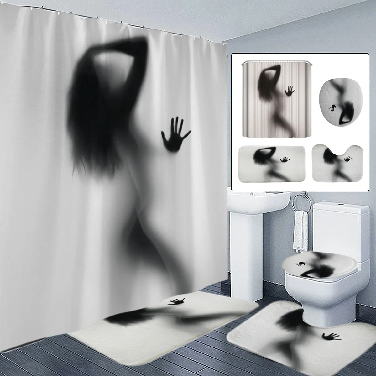 Bathroom Set Waterproof Shower Curtain   Non Slip Bathroom Pedestal Rug   Toilet Lid Cover   Floor Mat Bath Mat