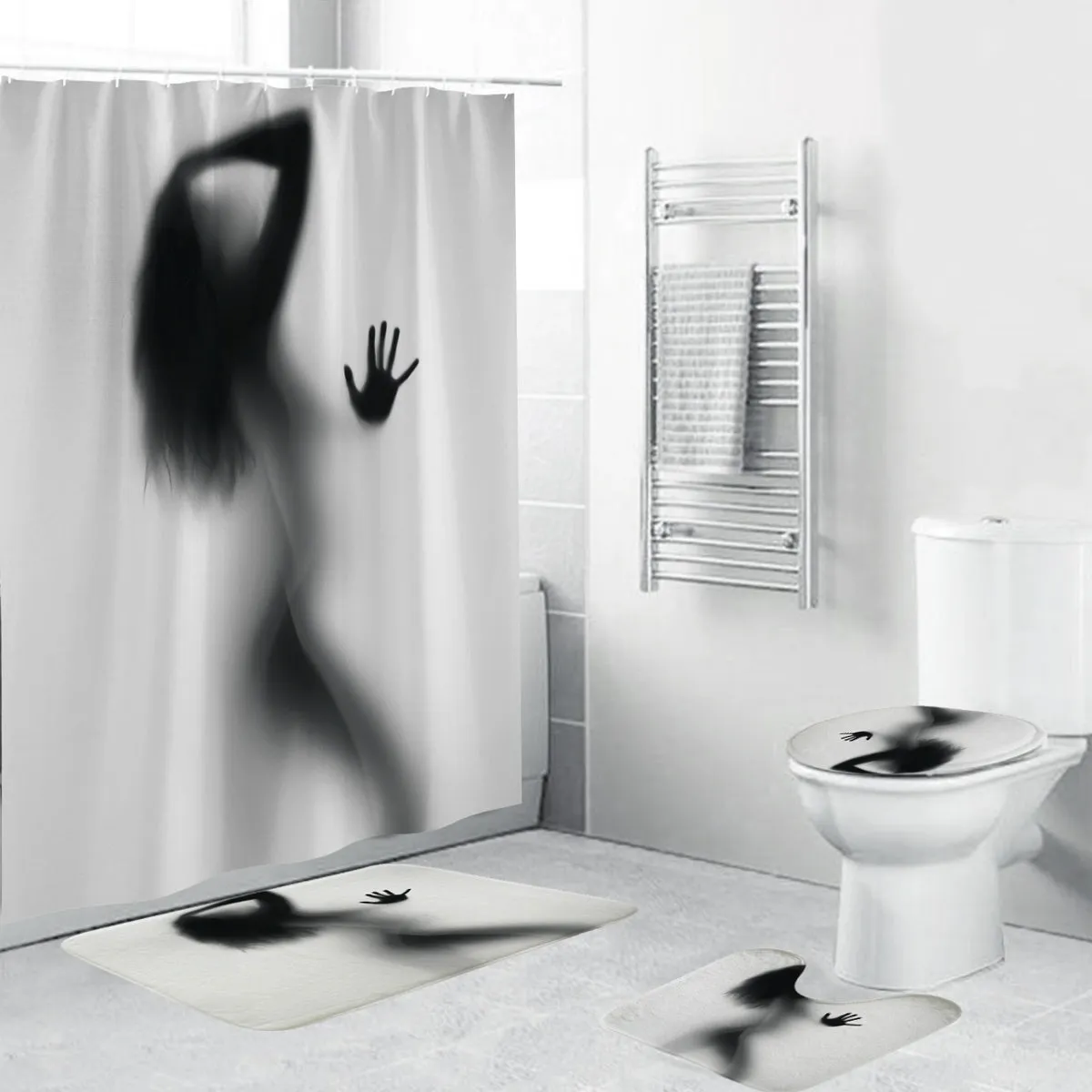 Bathroom Set Waterproof Shower Curtain   Non Slip Bathroom Pedestal Rug   Toilet Lid Cover   Floor Mat Bath Mat