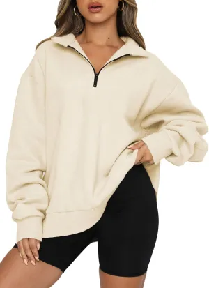 BLENCOT Women Half Zip Oversized Sweatshirts Long Sleeve Solid Color Drop Shoulder Fleece Workout Pullover S-2XL