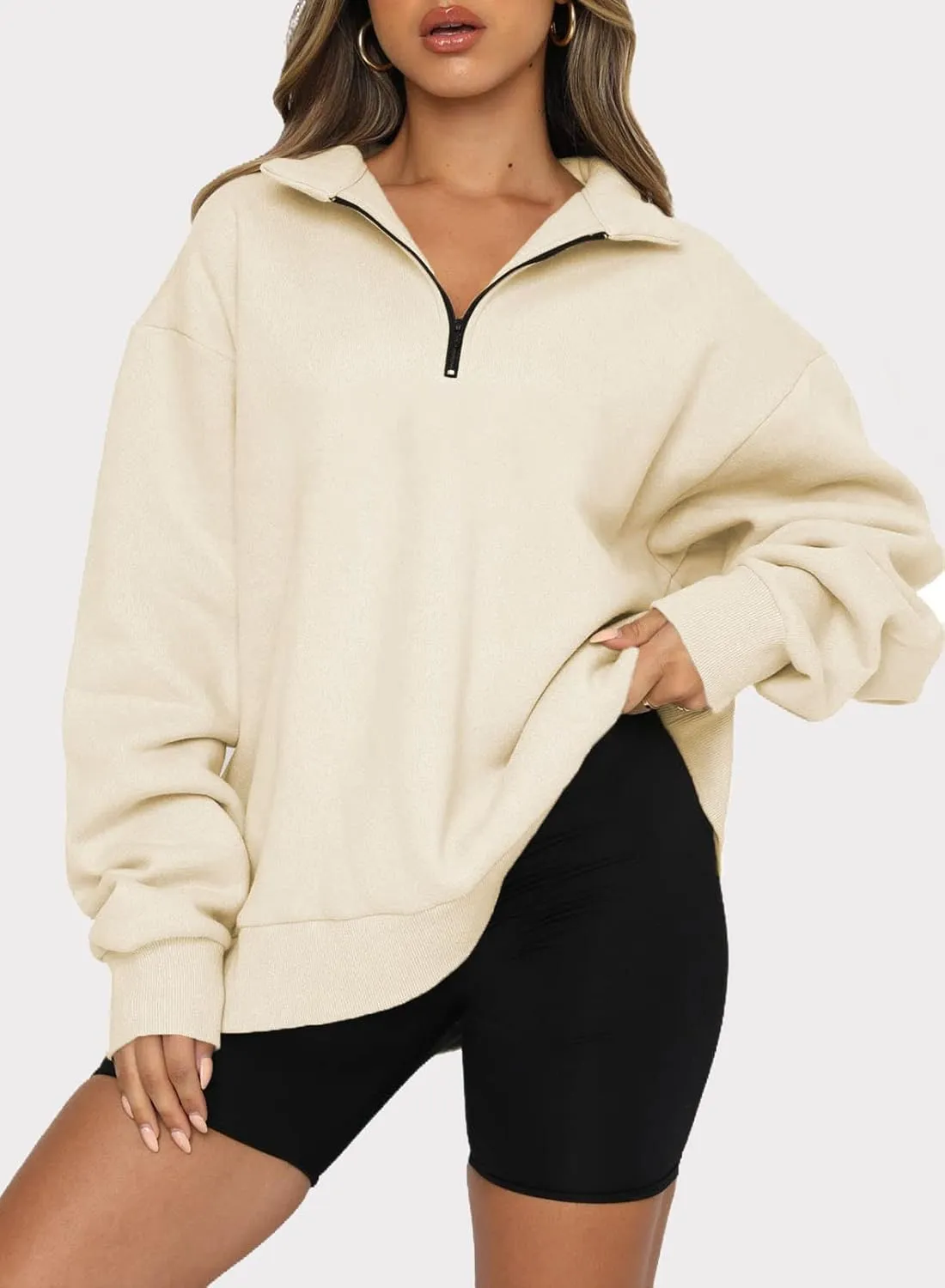 BLENCOT Women Half Zip Oversized Sweatshirts Long Sleeve Solid Color Drop Shoulder Fleece Workout Pullover S-2XL