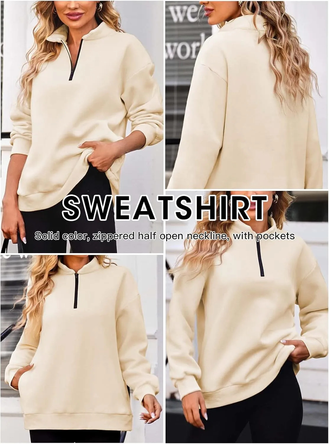 BLENCOT Women Half Zip Oversized Sweatshirts Long Sleeve Solid Color Drop Shoulder Fleece Workout Pullover S-2XL