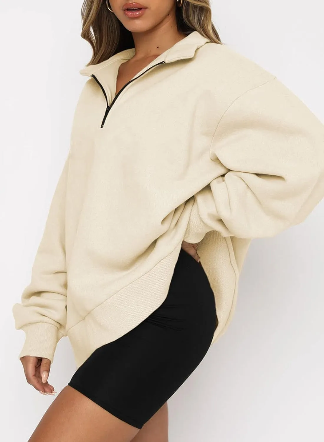 BLENCOT Women Half Zip Oversized Sweatshirts Long Sleeve Solid Color Drop Shoulder Fleece Workout Pullover S-2XL