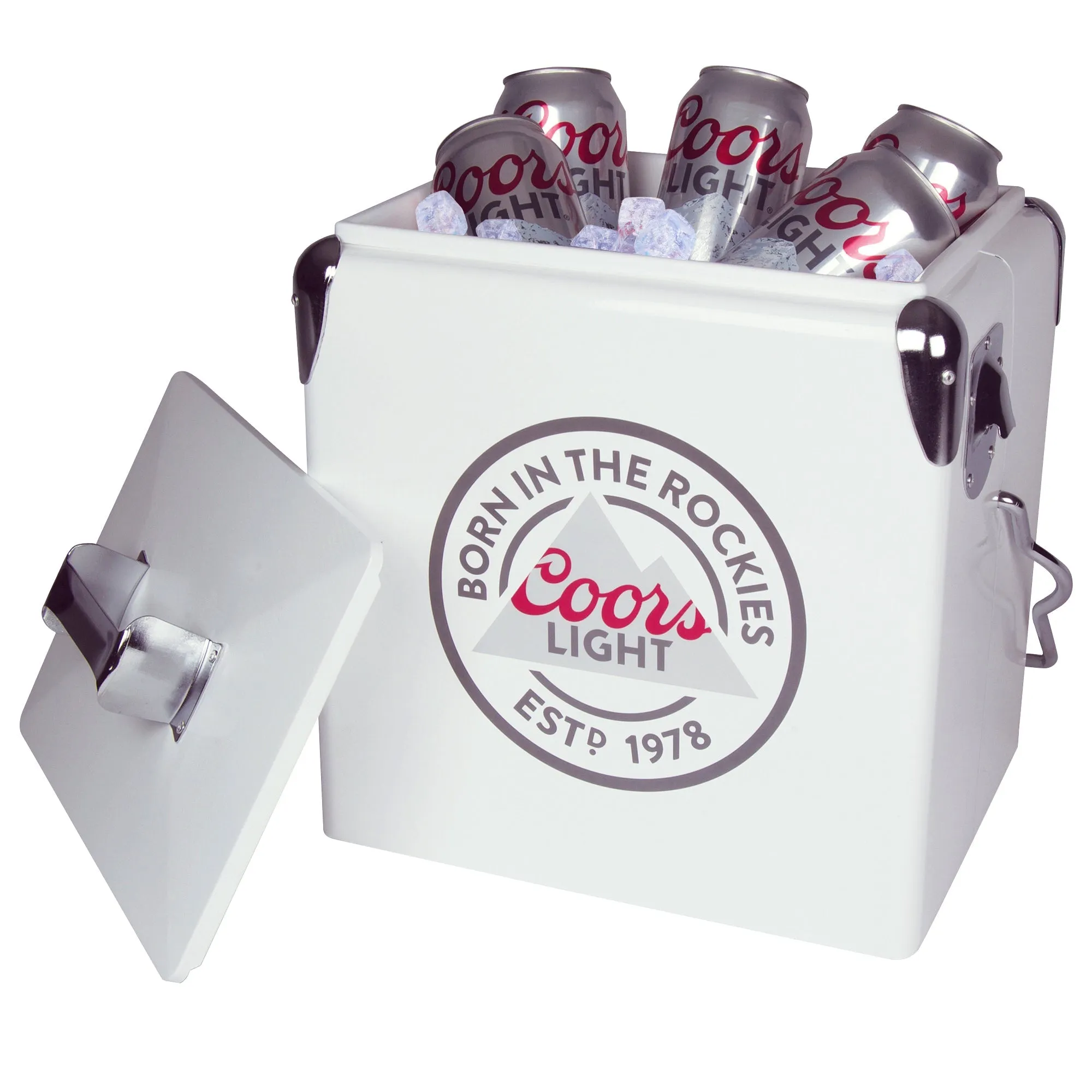 Coors Light Retro Ice Chest Cooler with Bottle Opener 13L (14 qt), 18 Can Capacity, White and Silver, Vintage Style Ice Bucket for Camping, Beach, Picnic, RV, BBQs, Tailgating, Fishing