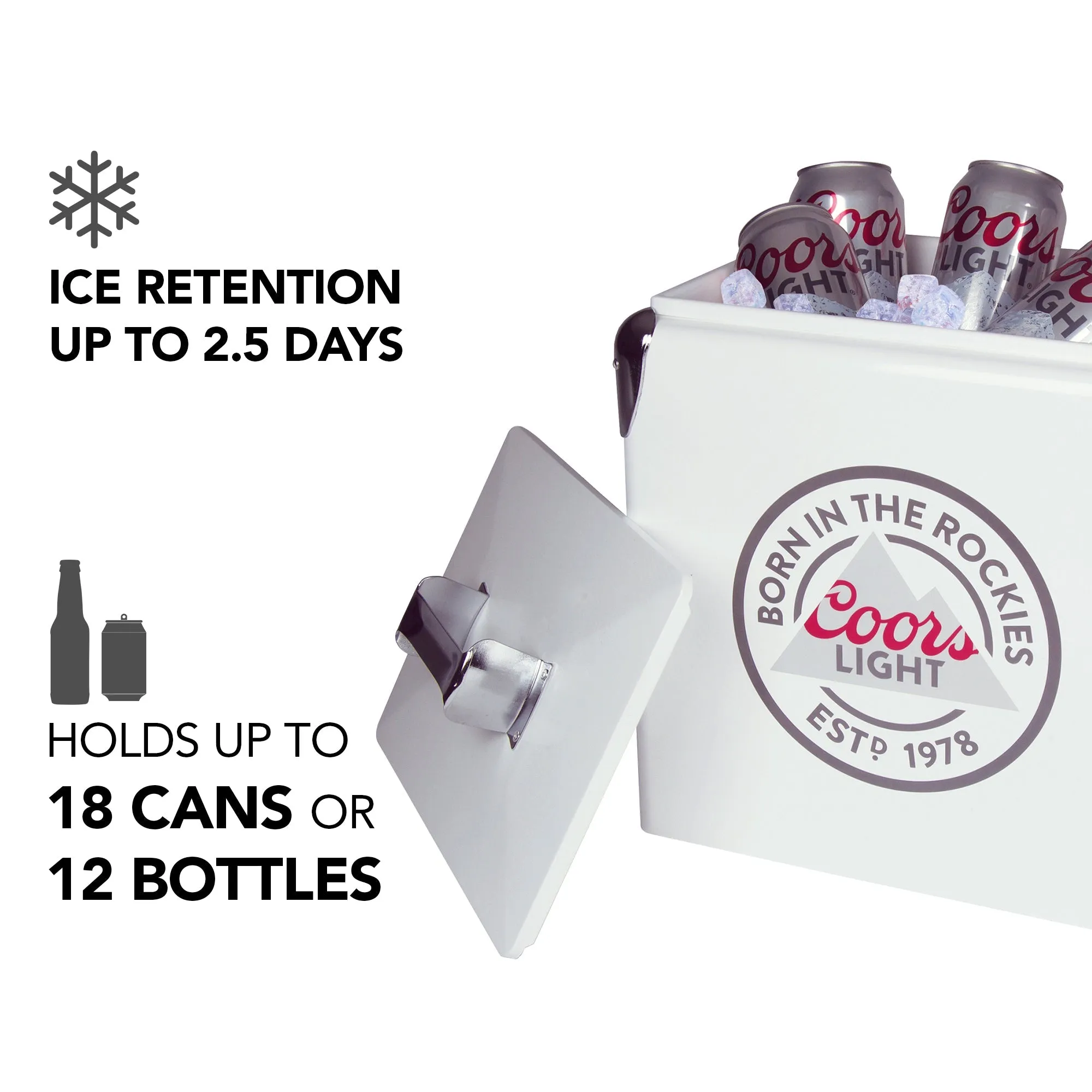 Coors Light Retro Ice Chest Cooler with Bottle Opener 13L (14 qt), 18 Can Capacity, White and Silver, Vintage Style Ice Bucket for Camping, Beach, Picnic, RV, BBQs, Tailgating, Fishing