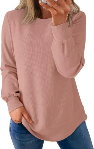 Dokotoo Women's Casual Crew Neck Sweatshirt Waffle Knit Loose Soft Long Sleeve Pullover Tops