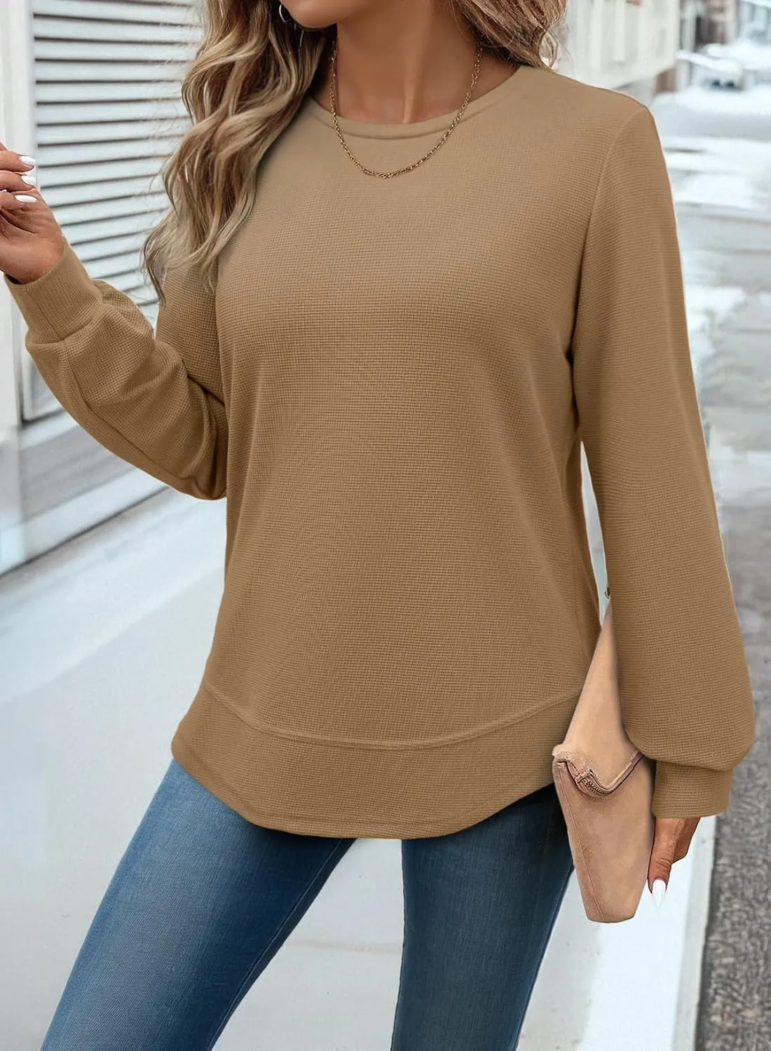 Dokotoo Women's Casual Crew Neck Sweatshirt Waffle Knit Loose Soft Long Sleeve Pullover Tops