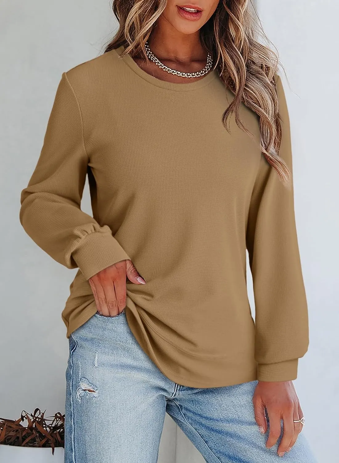 Dokotoo Women's Casual Crew Neck Sweatshirt Waffle Knit Loose Soft Long Sleeve Pullover Tops
