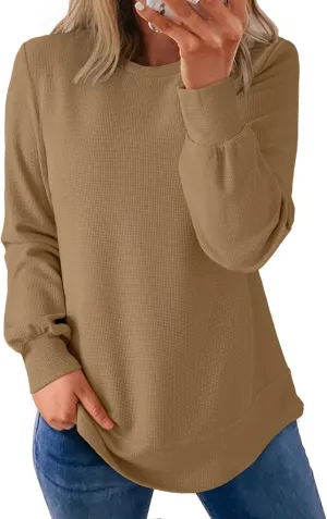 Dokotoo Women's Casual Crew Neck Sweatshirt Waffle Knit Loose Soft Long Sleeve Pullover Tops