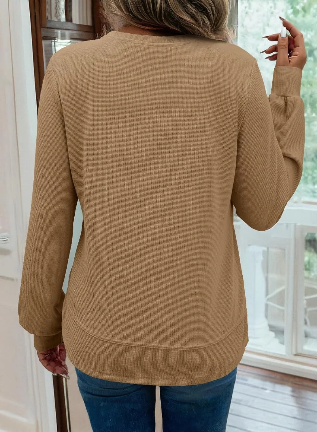 Dokotoo Women's Casual Crew Neck Sweatshirt Waffle Knit Loose Soft Long Sleeve Pullover Tops