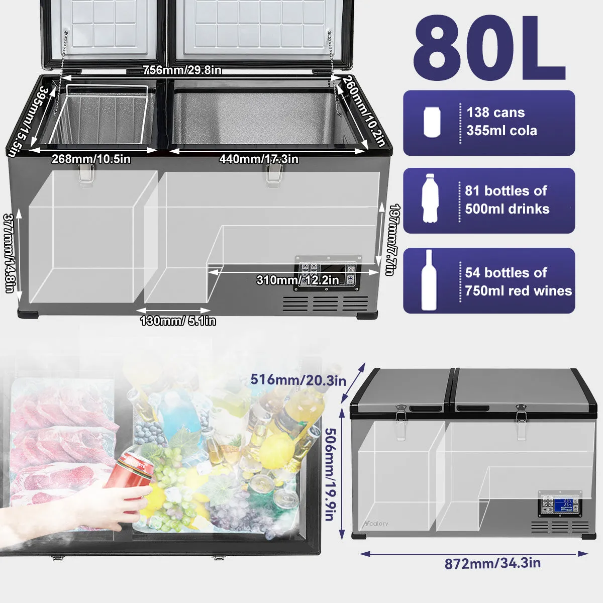 F39 Portable Freezer, 80L Compressor Cooler