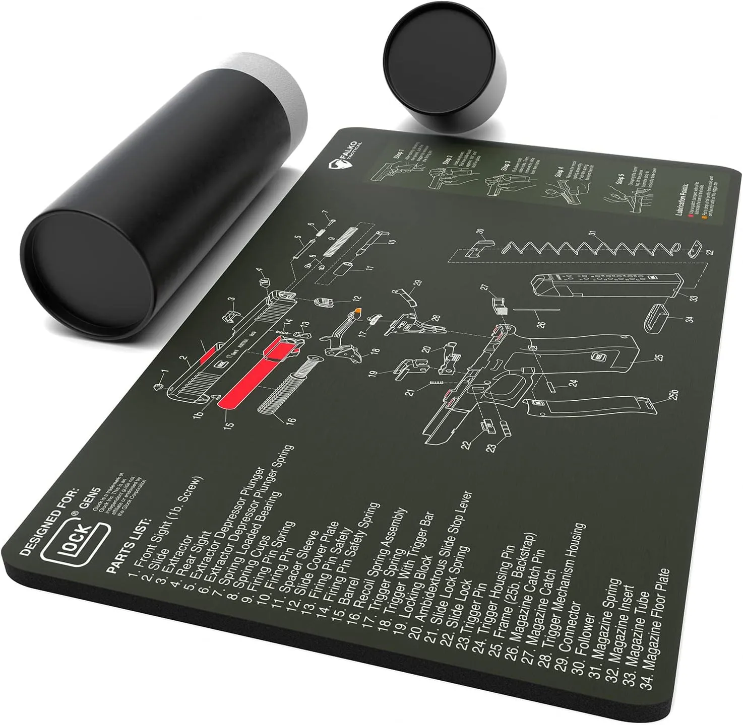Falko Tactical Gun Cleaning Mat for Glock - Double Thickness Gun Mat - HD Exploded Diagram Including Parts List, Lubrication Points and Disassembly Steps (20 by 12 Inches)