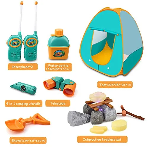 GrowthPic Kids Play Tent, Pretend Play Camping Tool Set with Campfire, Telescope, Walkie Talkies, Kids Camping Set with Tent, Indoor Outdoor Activities Camping Gear for Preschool Toddler Boys Girls