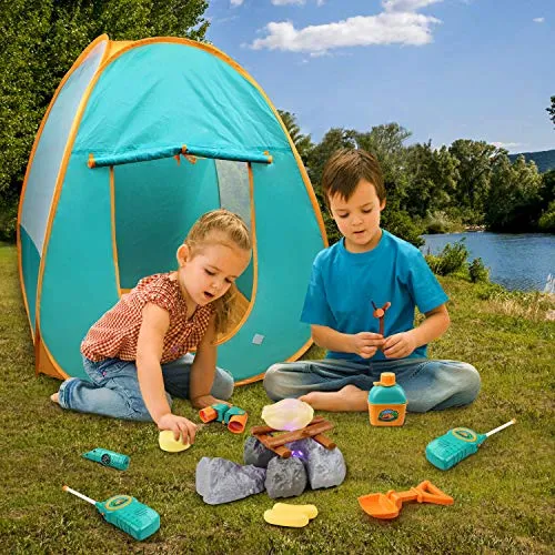 GrowthPic Kids Play Tent, Pretend Play Camping Tool Set with Campfire, Telescope, Walkie Talkies, Kids Camping Set with Tent, Indoor Outdoor Activities Camping Gear for Preschool Toddler Boys Girls