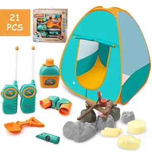 GrowthPic Kids Play Tent, Pretend Play Camping Tool Set with Campfire, Telescope, Walkie Talkies, Kids Camping Set with Tent, Indoor Outdoor Activities Camping Gear for Preschool Toddler Boys Girls