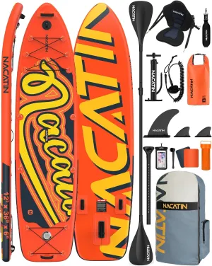Inflatable Stand Up Paddle Board 12' with Kayak Seat & Dual Paddles  Premium SUP Board for Adults & Families Includes Kayak Conversion Kit, Pump, Leash & Accessories  Stable Wide Deck for Beginners