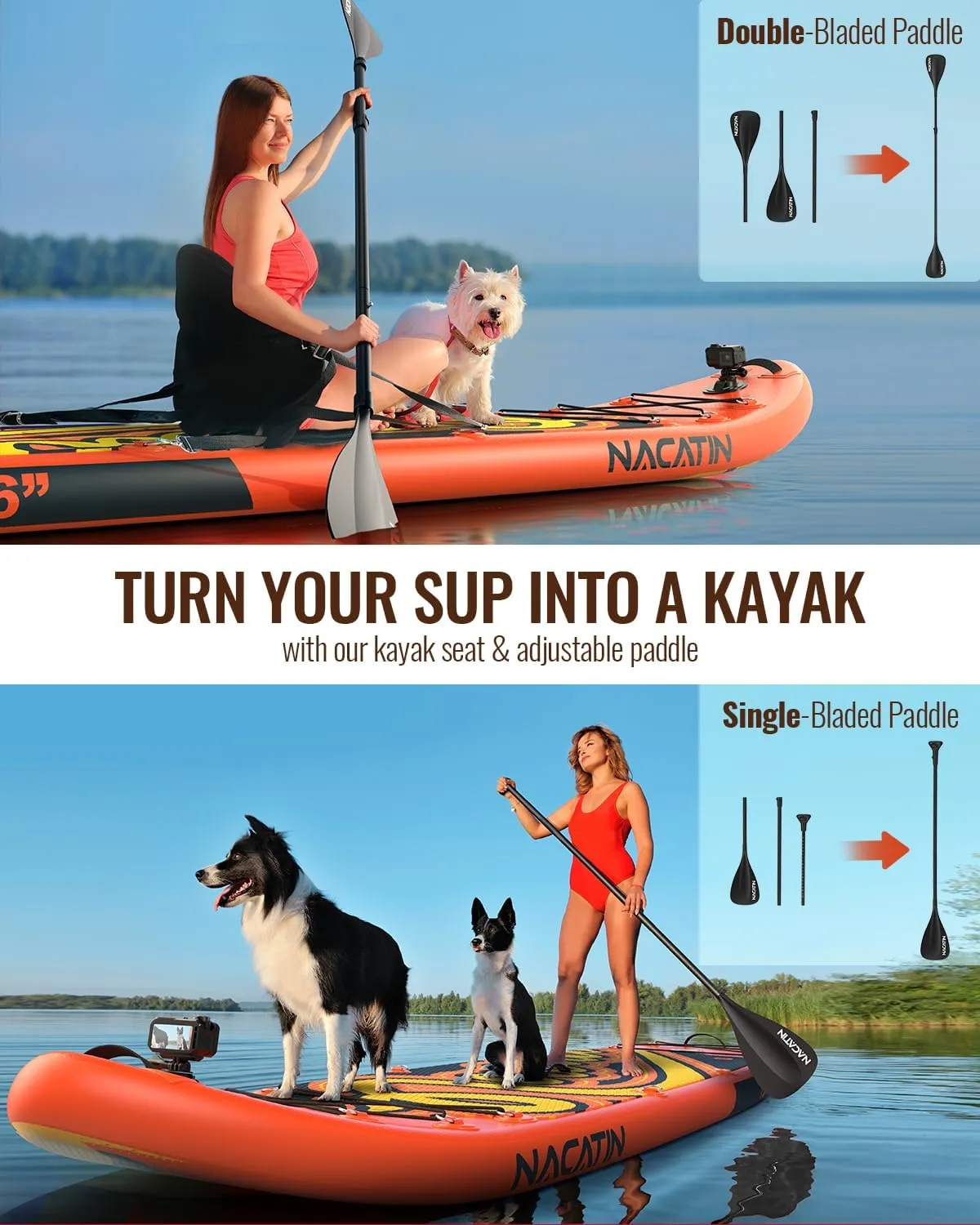 Inflatable Stand Up Paddle Board 12' with Kayak Seat & Dual Paddles  Premium SUP Board for Adults & Families Includes Kayak Conversion Kit, Pump, Leash & Accessories  Stable Wide Deck for Beginners