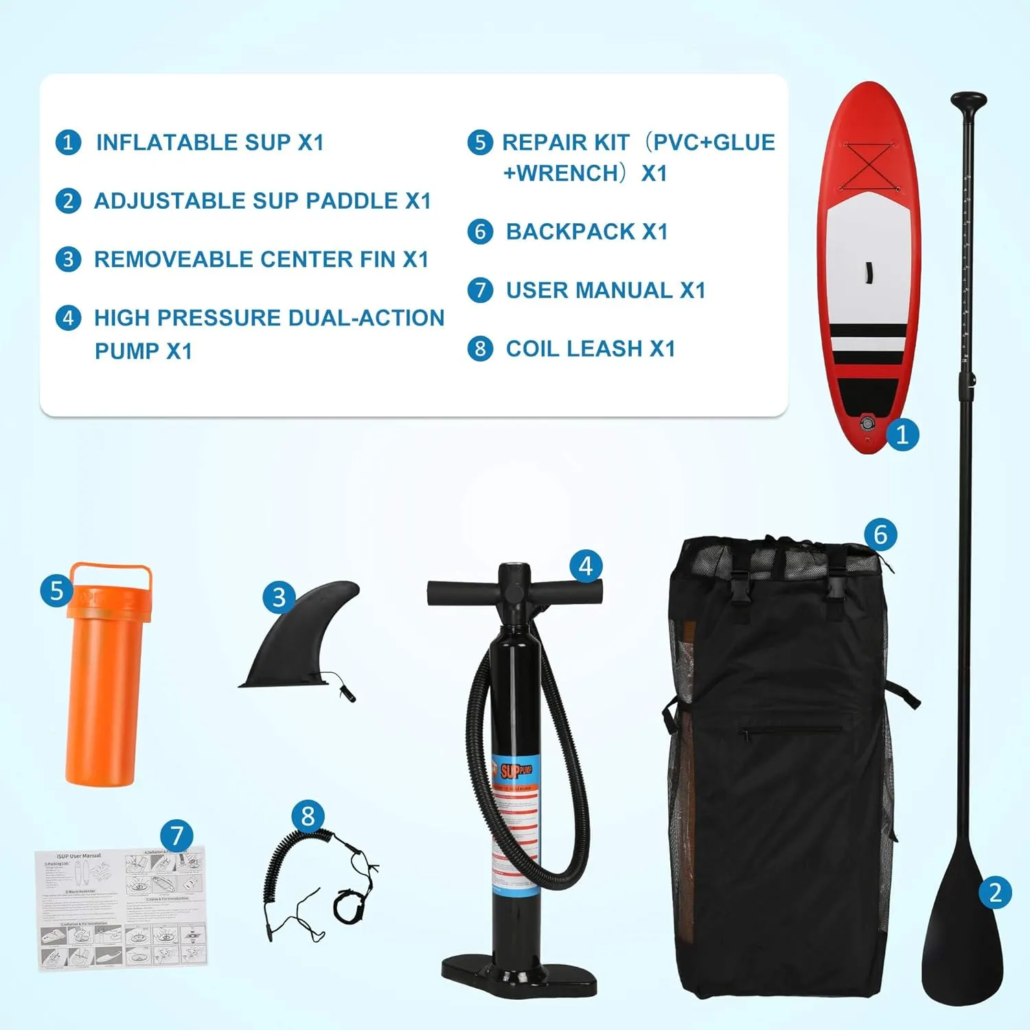 Inflatable Stand Up Paddle Board W SUP Accessories & Backpack Leash Double Action Hand Pump Repair Kit