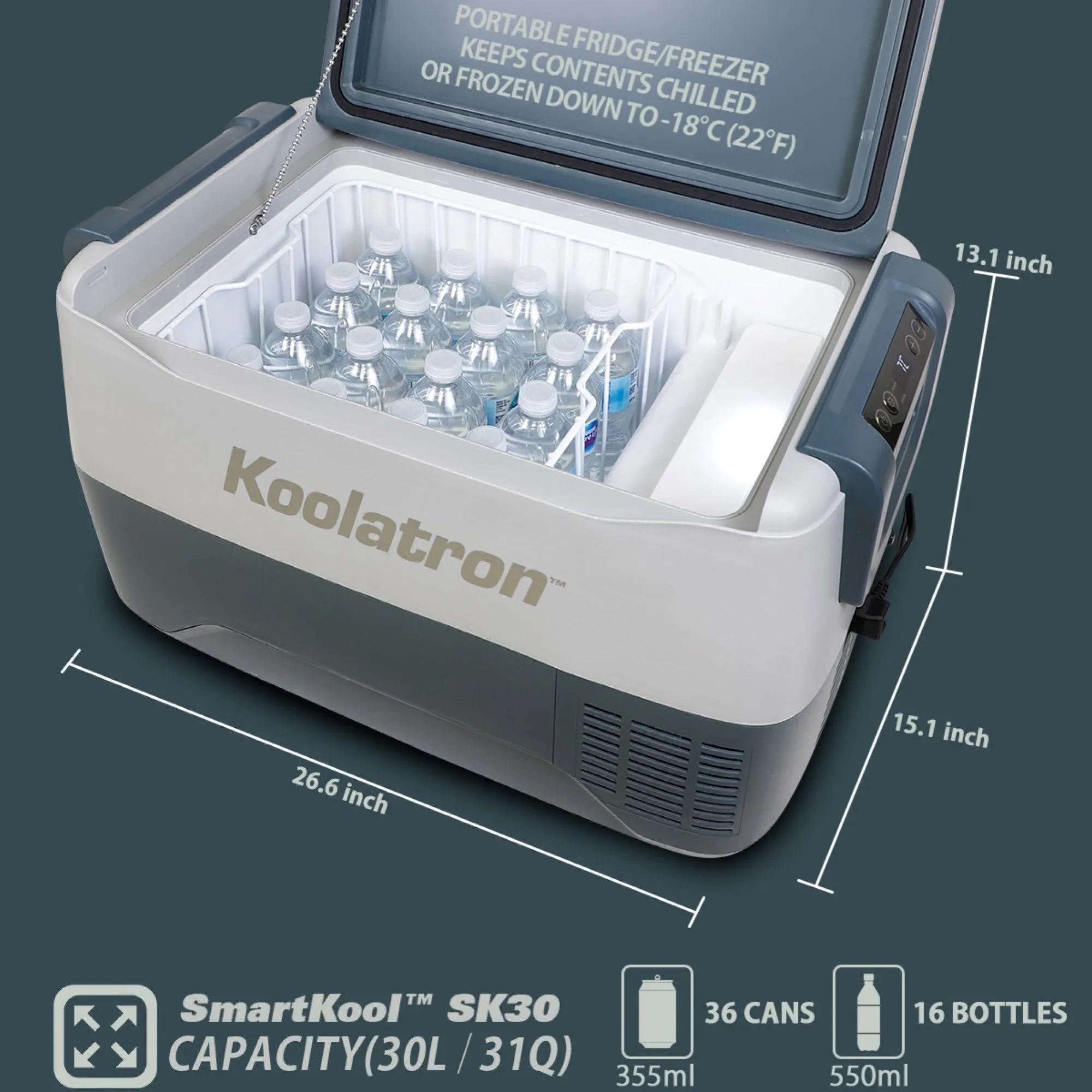 Koolatron 12 Volt Portable Freezer Refrigerator w/ Bluetooth Controls 31 qt (30L) Electric Cooler, 12V DC/110V AC Cords Included, Compressor Cooling -8 to 50°F (-22 to 10°C), Travel Car Fridge, Gray