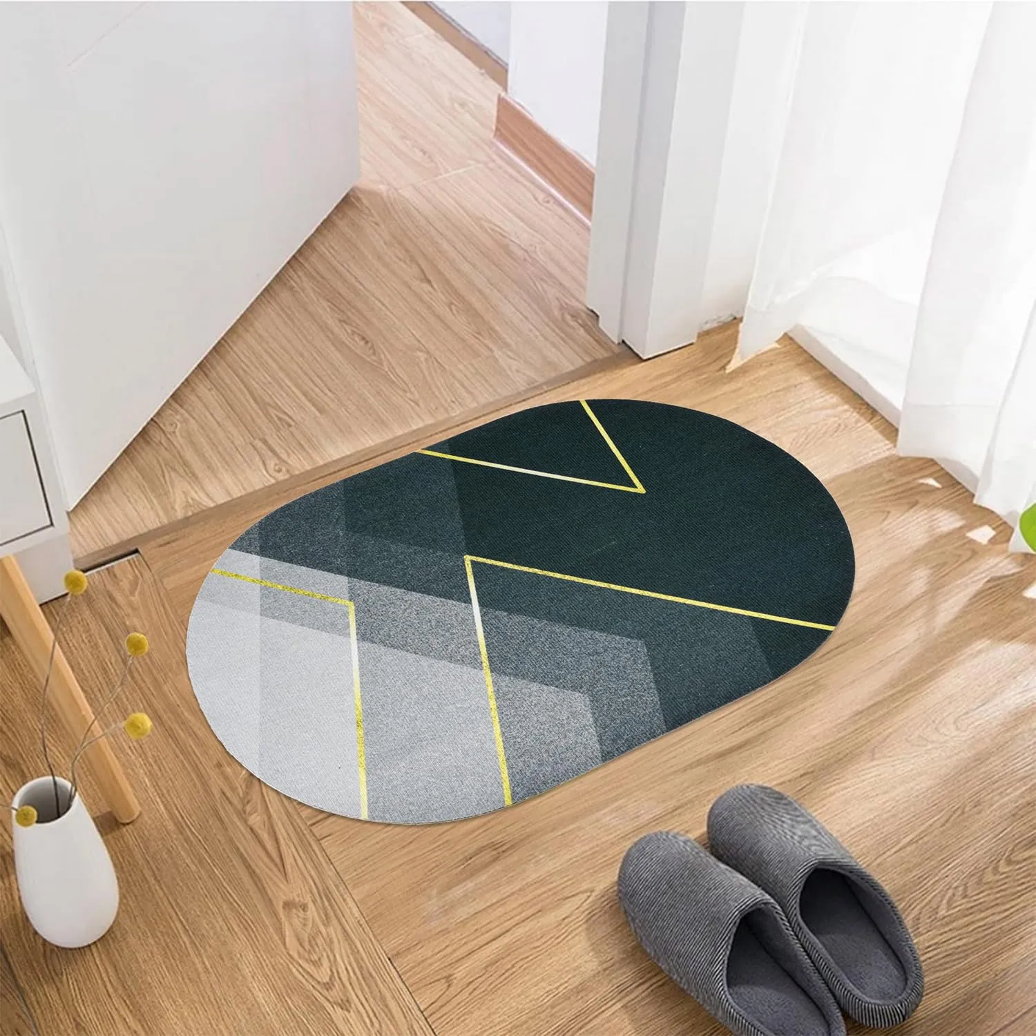 Kuber Industries Oval Bathmat | Soft Anti Skid Door Mat | Non Woven Floor Mat for Home | Non-Slip Mat for Shower-Bathtub | HY057 | Black & Gray