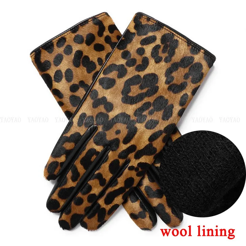 Leopard Print Genuine Leather Warm Gloves