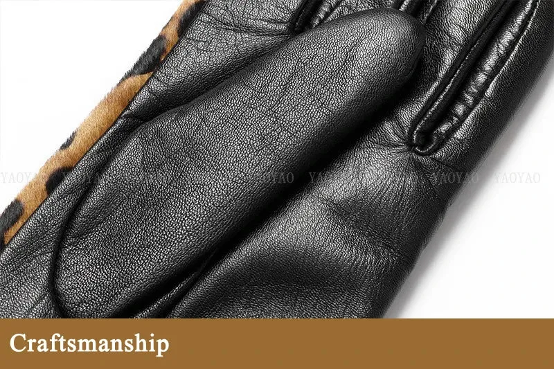 Leopard Print Genuine Leather Warm Gloves