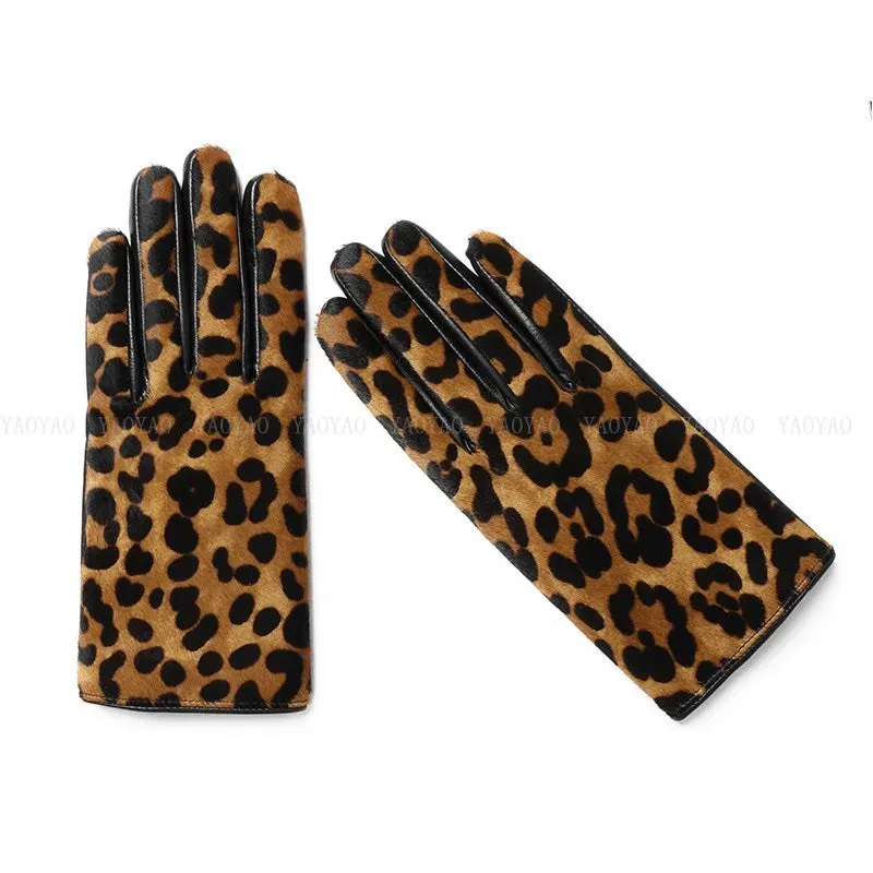 Leopard Print Genuine Leather Warm Gloves