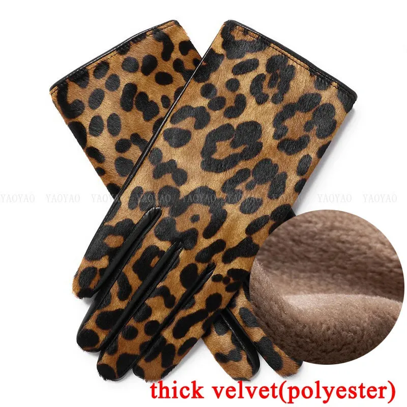 Leopard Print Genuine Leather Warm Gloves