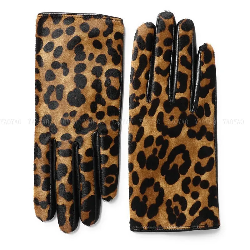 Leopard Print Genuine Leather Warm Gloves