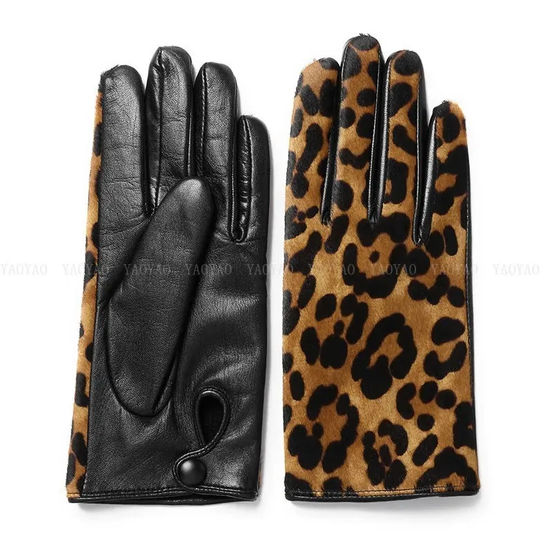 Leopard Print Genuine Leather Warm Gloves