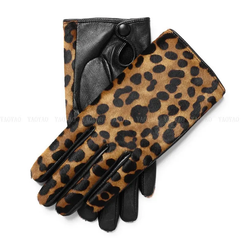 Leopard Print Genuine Leather Warm Gloves