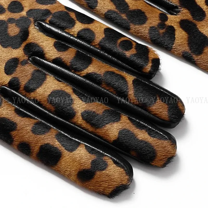 Leopard Print Genuine Leather Warm Gloves