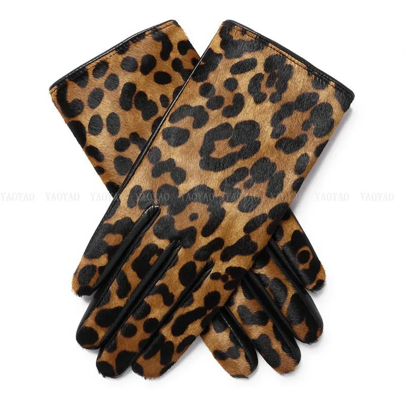 Leopard Print Genuine Leather Warm Gloves