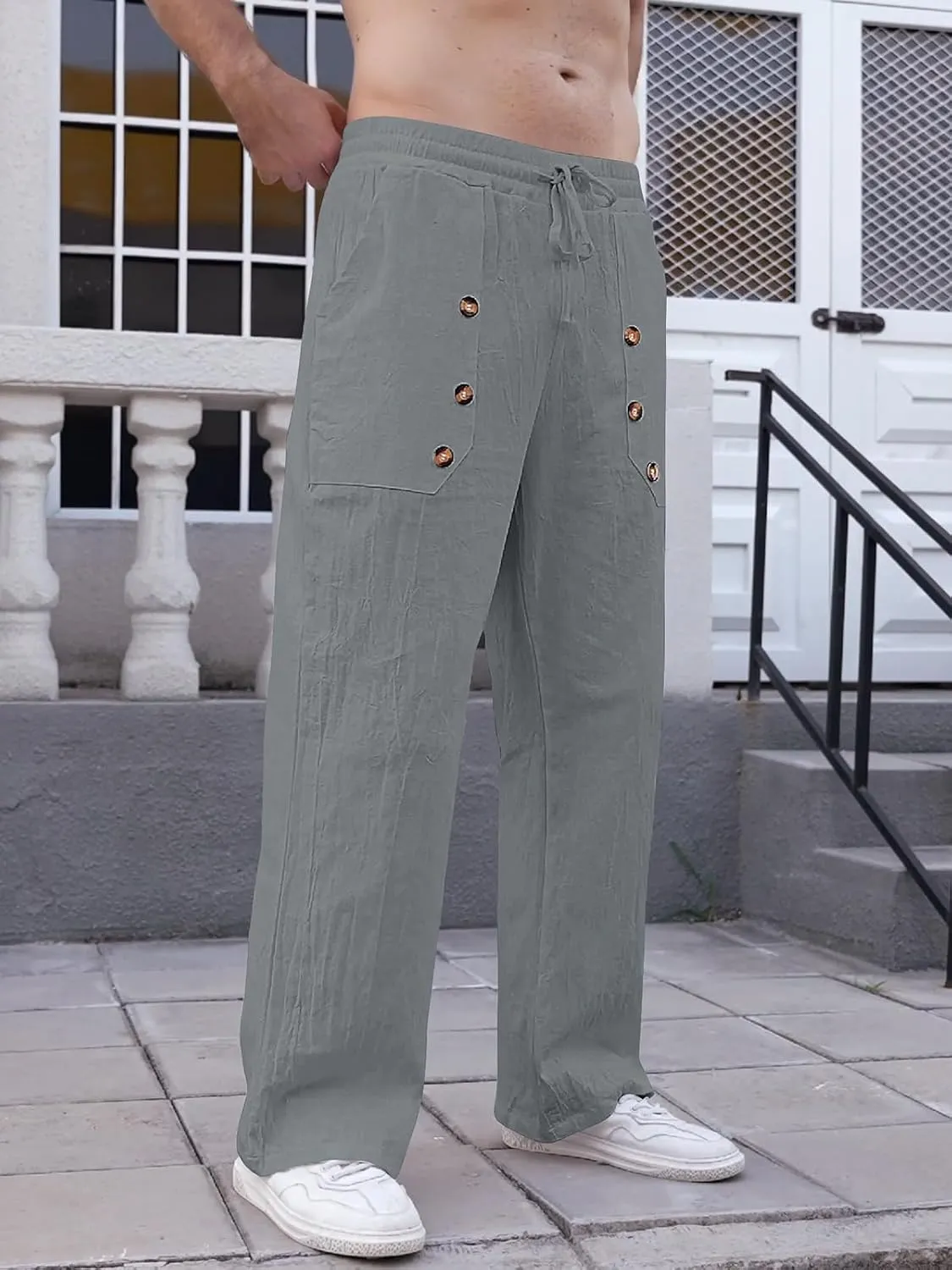 Mens Cotton Linen Pants Casual Summer Vacation Baggy Beach Pants Buttoned Drawstring Yoga Trousers with Pockets