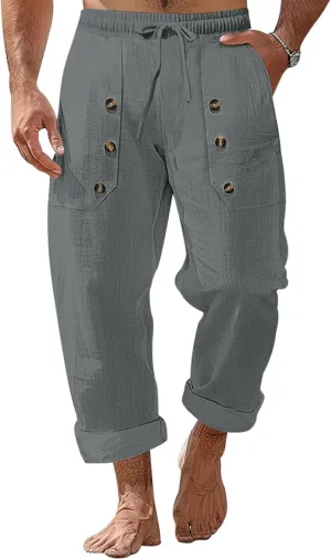 Mens Cotton Linen Pants Casual Summer Vacation Baggy Beach Pants Buttoned Drawstring Yoga Trousers with Pockets