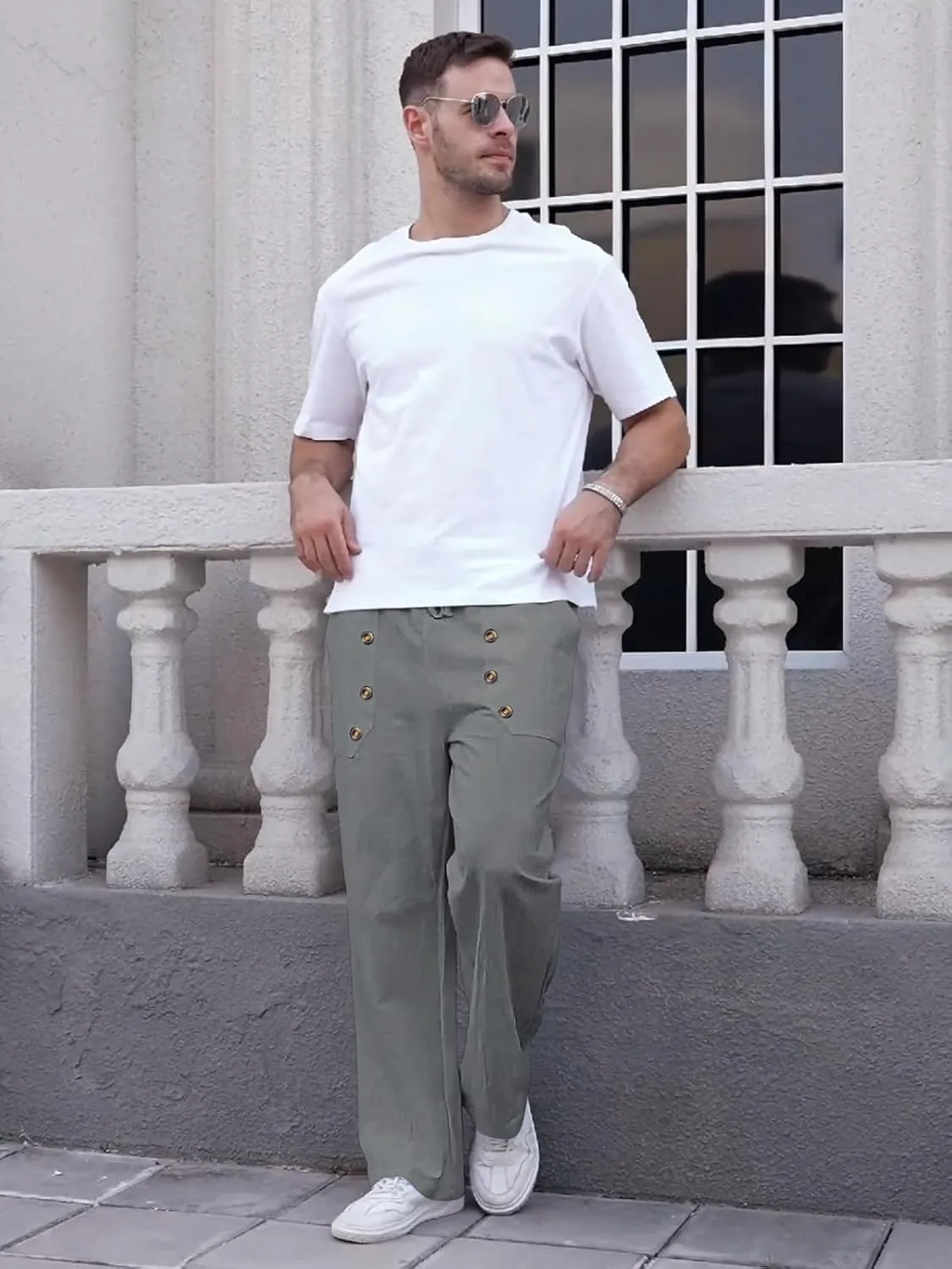 Mens Cotton Linen Pants Casual Summer Vacation Baggy Beach Pants Buttoned Drawstring Yoga Trousers with Pockets