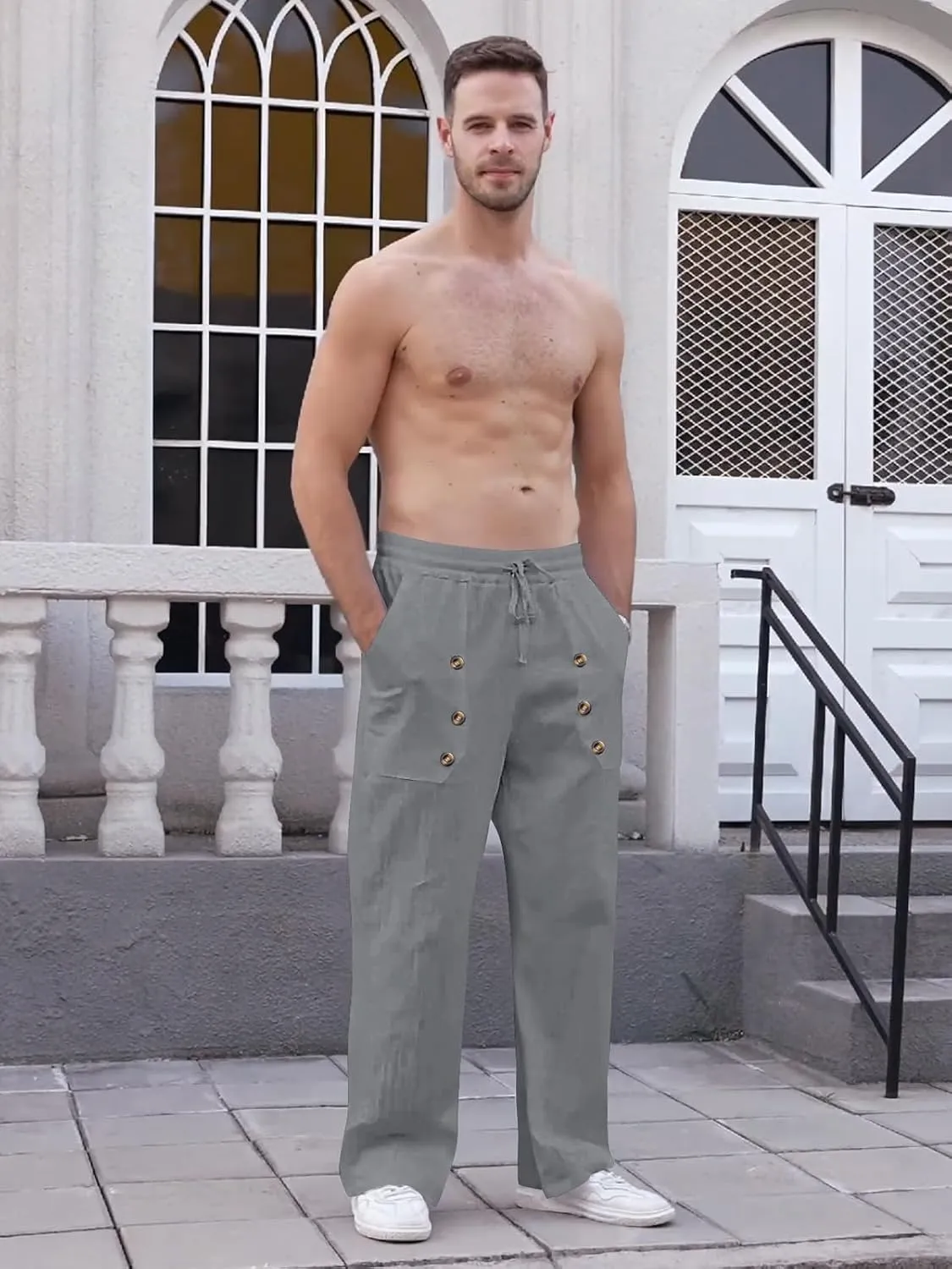 Mens Cotton Linen Pants Casual Summer Vacation Baggy Beach Pants Buttoned Drawstring Yoga Trousers with Pockets
