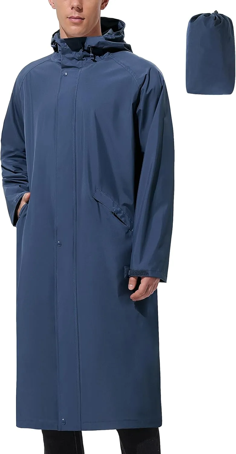 Men's Long Rain Jacket Windbreaker Waterproof Lightweight Packable Running Hiking Cycling Golf Rain Coat with Hood