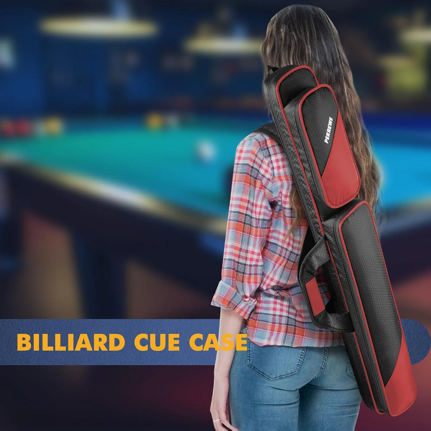Pool Cue Case, Pool Stick Case 2x2 Holds 2 Sticks with 2 Accessory Zipper Pockets, Sturdy Polyester Pool Cue Carry Bag with Shoulder Strap Handle, Soft Billiard Cue Sling Bag for Men and Women