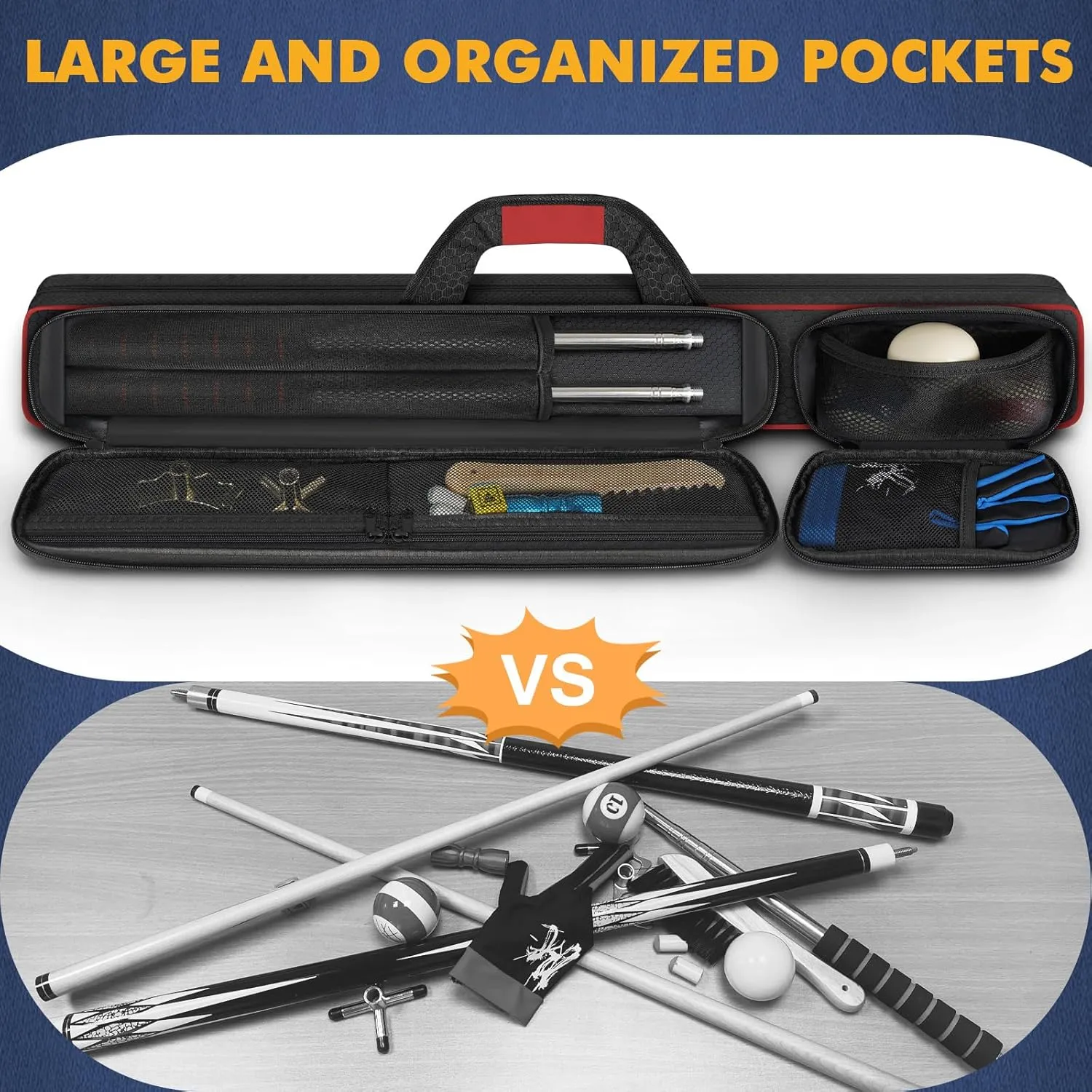 Pool Cue Case, Pool Stick Case 2x2 Holds 2 Sticks with 2 Accessory Zipper Pockets, Sturdy Polyester Pool Cue Carry Bag with Shoulder Strap Handle, Soft Billiard Cue Sling Bag for Men and Women